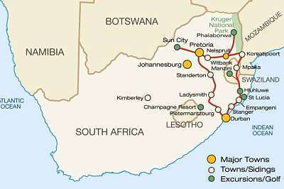 Carte itineraire Golf Pretoria Sun City Hluhluwe Durban Kruger Park Photo Rovos Rail